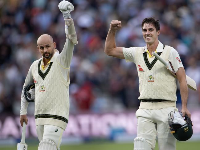 BIRMINGHAM, ENGLAND - JUNE 20: Pat Cummins of Australia celebrates with his batting partner Nathan Lyon after hitting the winning runs during Day Five of the LV= Insurance Ashes 1st Test match between England and Australia at Edgbaston on June 20, 2023 in Birmingham, England. (Photo by Visionhaus/Getty Images)
