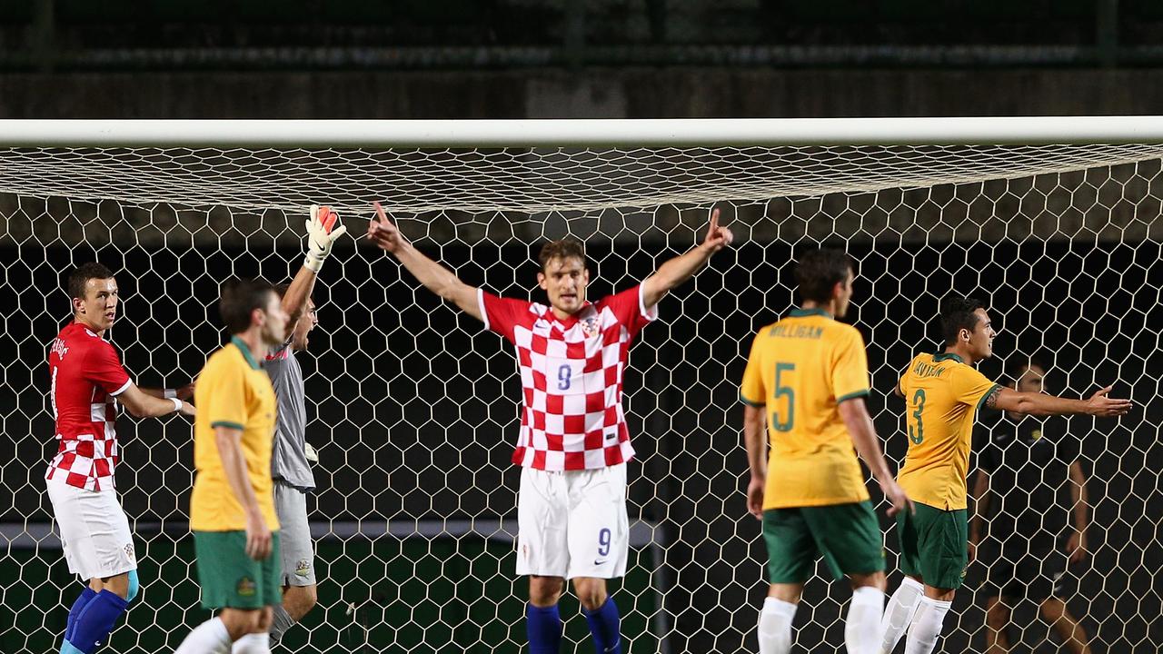 SALVADOR, BRAZIL - JUNE 06: Nikica Jelavic of Croatia celebrates scoring a goal during the International Friendly match between Croatia and the Australian Socceroos at Pituacu Stadium on June 6, 2014 in Salvador, Brazil. (Photo by Cameron Spencer/Getty Images)