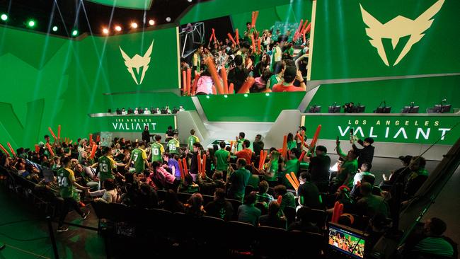 Blizzard Arena is lit up with LA Valiant’s green and gold. Picture: Robert Paul for Blizzard Entertainment