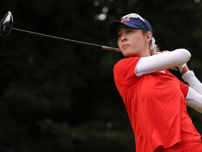 KAWAGOE, JAPAN - AUGUST 07: Nelly Korda of Team United States plays her shot from the 18th tee during the final round of the Women's Individual Stroke Play on day fifteen of the Tokyo 2020 Olympic Games at Kasumigaseki Country Club on August 07, 2021 in Kawagoe, Japan. (Photo by Chris Trotman/Getty Images)