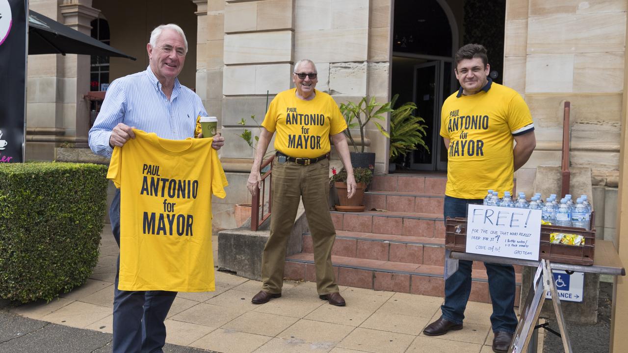 TRC Mayor Paul Antonio (left) with supporters John Gouldson and Zac Ford (right) on Toowoomba Regional Council local government election day, Saturday, March 28, 2020. Picture: Kevin Farmer