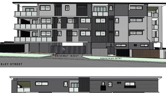 A side aspect of a nine-unit, four-storey apartment building planned for 26 Wellesley St, Wellington Point.