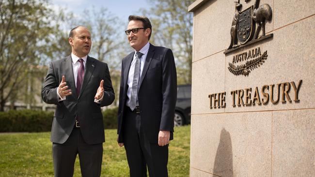 Treasurer Josh Frydenberg in Canberra with Treasury Secretary Stephen Kennedy. Picture: Sean Davey.