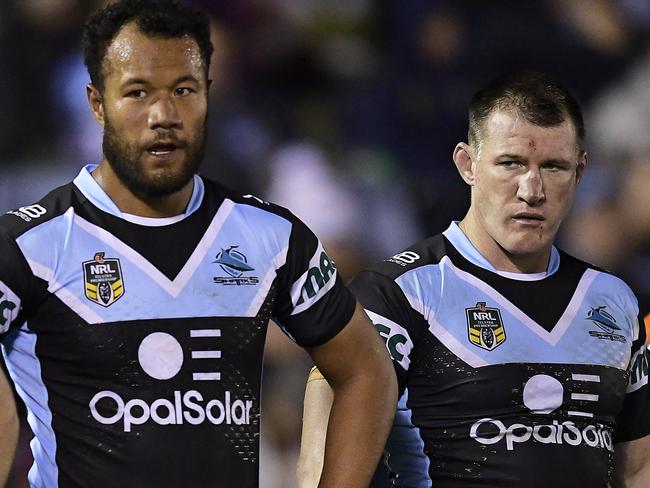 SYDNEY, AUSTRALIA - JUNE 16: Cronulla players show their dejection during the round 15 NRL match between the Cronulla Sharks and the Brisbane Broncos at Southern Cross Group Stadium on June 16, 2018 in Sydney, Australia.  (Photo by Brett Hemmings/Getty Images)