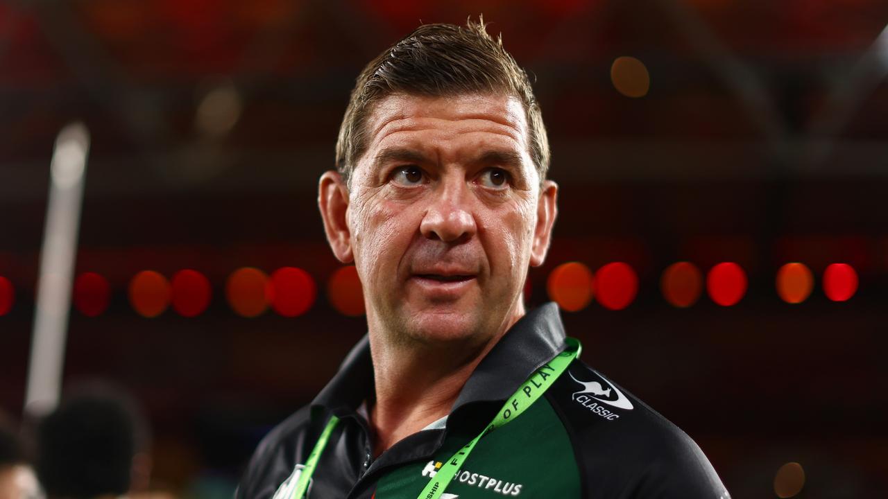 BRISBANE, AUSTRALIA - APRIL 13: Rabbitohs coach Jason Demetriou during the round seven NRL match between Dolphins and South Sydney Rabbitohs at Suncorp Stadium on April 13, 2023 in Brisbane, Australia. (Photo by Chris Hyde/Getty Images)