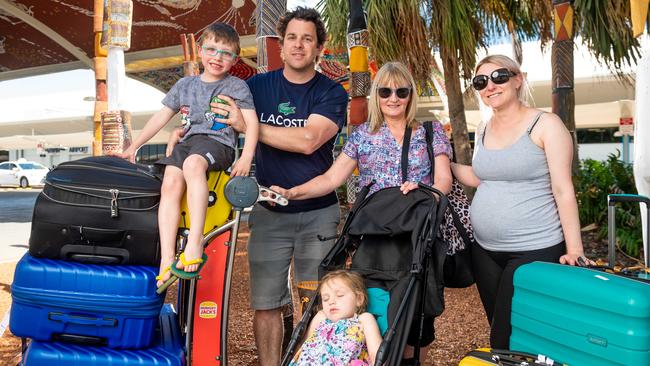 Troy Foster, 5, Matt Foster, Susan Bennett, Hayley Foster and (sleeping) Alex Foster, 3 have recently relocated to the NT from WA. Picture: Che Chorley