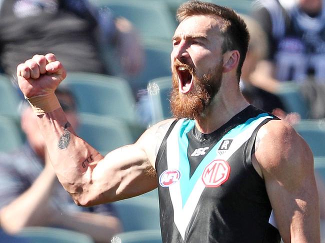 AFL - Saturday, 29th August, 2020 - Port Adelaide v Sydney Swans at the Adelaide Oval. Charlie Dixon celebrates his goal Picture: Sarah Reed