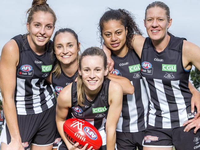 Five of Collingwood women's team members Emma King, Nicola Stevens, Alicia Eva, Helen Roden and Meg Hutchins, at the Holden Centre, Olympic Boulevard in the lead up to game against Carlton at Princess Park. Picture: Sarah Matray