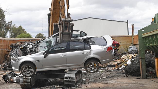 South Australian Police crushing cars of hoon drivers in Wingfield. Picture: Tom Huntley