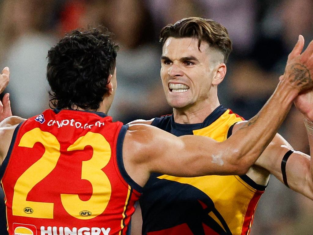 Ben Keays and Izak Rankine celebrate a goal during the Crows’ win over Carlton. Picture: Dylan Burns/AFL Photos via Getty Images.