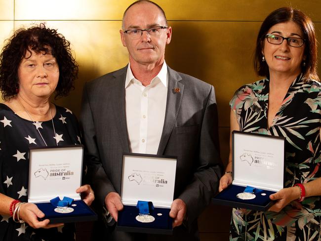 Pride of Australia winners morning tea with Penny Fowler. Robyn and Matt Cronin, Caterina Politi. Picture: Mark Stewart