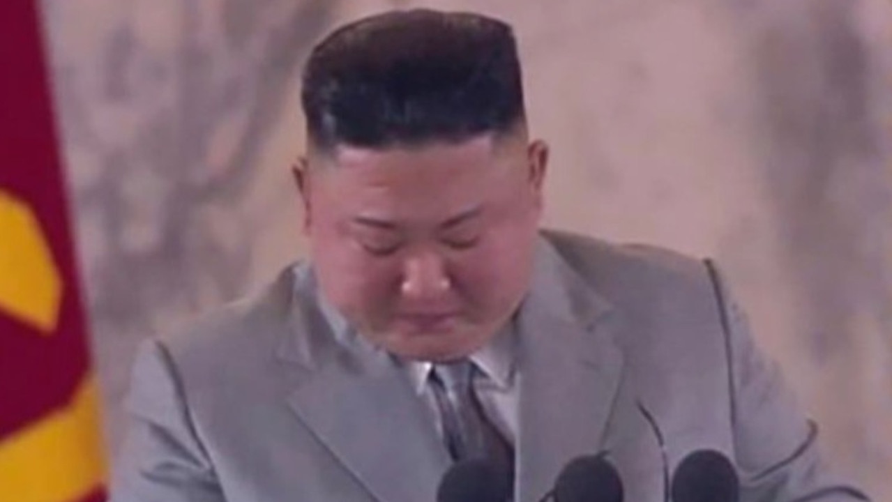 Kim Jong-un appears to be in tears during his speech.