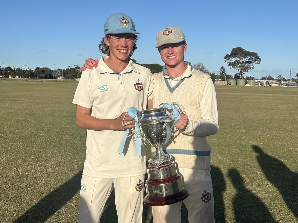 Lachie Russell and Ollie Peake after Geelong Grammar's APS premiership win last year. Picture: Supplied