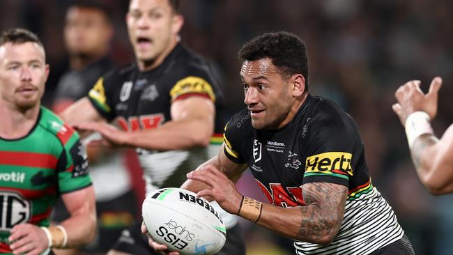 Api Koroisau drives Penrith forward during the preliminary final.