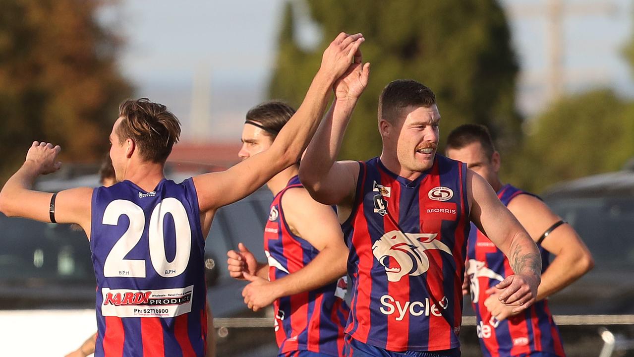 Bell Post Hill's captain Jack Yates celebrates on of four goals. GDFNL - Bell Post Hill v Thomson. Picture: Alan Barber