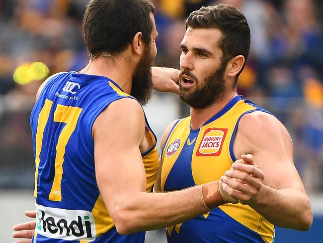 PERTH, AUSTRALIA - MAY 16: Jack Darling of the Eagles celebrates a goal during the 2021 AFL Round 09 match between the West Coast Eagles and the Adelaide Crows at Optus Stadium on May 16, 2021 in Perth, Australia. (Photo by Daniel Carson/AFL Photos via Getty Images)