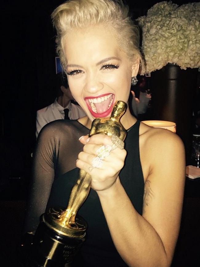 Rita Ora at an Oscars party 2015 via Instagram, “Last night was fun. #Oscars2015”