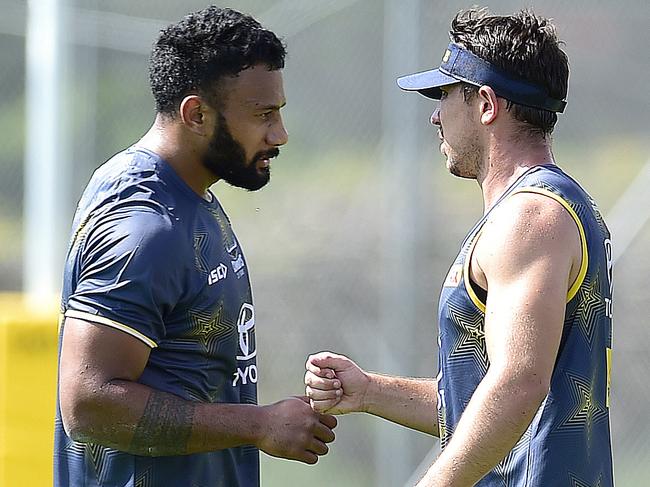 Francis Molo and Reece Robson pictured at the Cowboys first 2019/20 pre-season training session. Picture: Matt Taylor