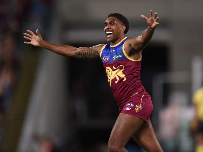 Keidean Coleman celebrates after the Lions’ preliminary final win over Carlton. Picture: Michael Klein.