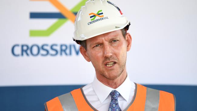 Mark Bailey speaking at a visit to the Cross River Rail construction site in Woolloongabba. Picture: NCA NewsWire/Dan Peled