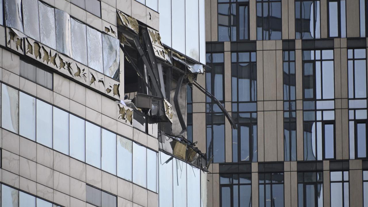 A view of a damaged office block of the Moscow International Business Center (Moskva City) following a reported drone attack in Moscow on July 30, 2023. Picture: AFP