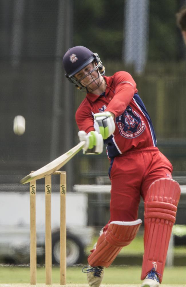 Melbourne batsman Sam Harper throws the bat at the new ball. Picture: Valeriu Campan