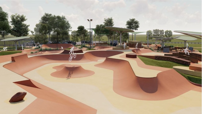 Artistic render of proposed $11.6m regional Skate and Play Precinct at Newland Park, Alice Springs. Picture: Playce