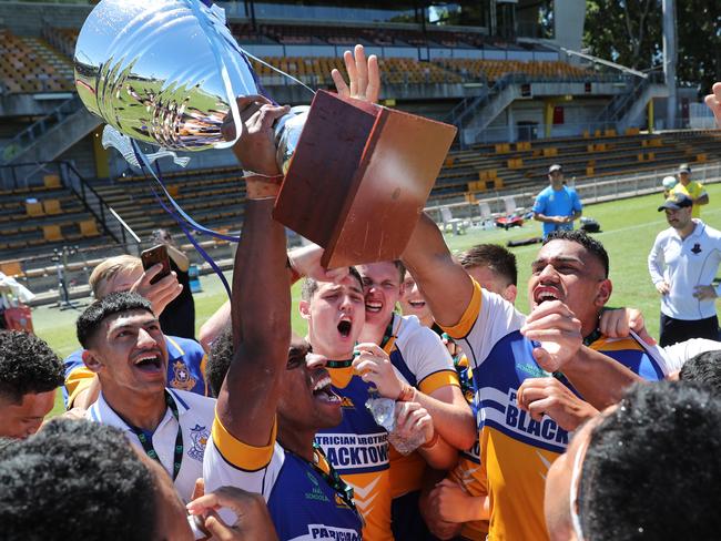 Pictured is Patrician Brothers Blacktown players celebrating their win of the 2020 NRL Schoolboy Cup Grand Final. The final was between Westfields Sports High and Patrician Brothers Blacktown at Leichhardt Oval in Sydney.Picture: Richard Dobson