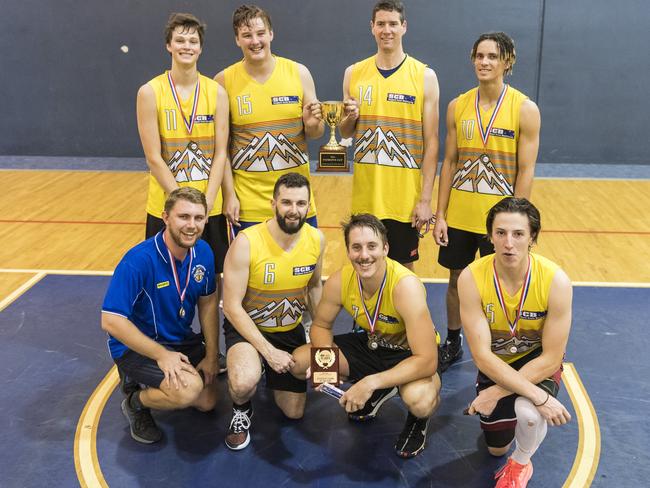 Southern Cross Bricklaying Eels celebrate winning the Toowoomba Basketball League grand final against Westridge Fruit and Veg Warriors. Picture: Kevin Farmer