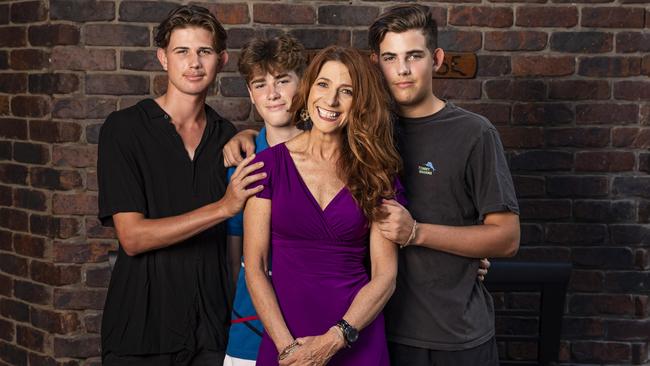 Robin Bailey with her three boys, Lewin 17, Piper 15 and Fin 19. Picture: Mark Cranitch.