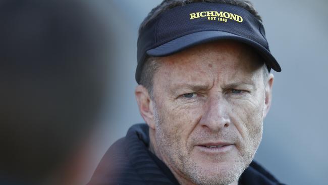 MELBOURNE, AUSTRALIA - JUNE 29: Richmond senior coach, Damien Hardwick speaks to the media before a Richmond Tigers AFL training session at Punt Road Oval on June 29, 2021 in Melbourne, Australia. (Photo by Darrian Traynor/Getty Images)