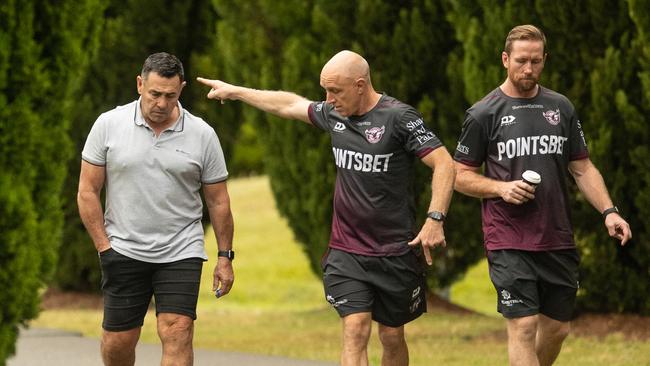 Shane Flanagan (left) arrives at Manly’s centre of excellence at Narrabeen. Picture: Julian Andrews