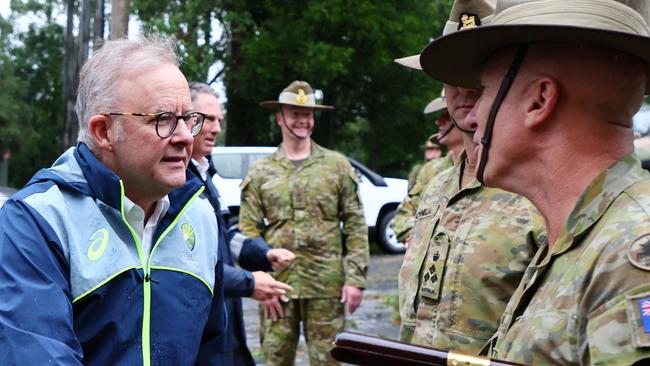 BRISBANE, AUSTRALIA - MARCH 9:  Prime Minister Anthony Albanese during a visit to the Gallipoli Barracks on March 9, 2025 in Brisbane, Australia. Australia's east coast is experiencing severe weather as ex-Tropical Cyclone Alfred moves south. While downgraded from cyclone status, the weather system continues to bring damaging winds, heavy rainfall, and flash flooding, particularly in the Gold Coast and northern NSW regions. Authorities have issued severe weather warnings, and coastal areas remain at risk of significant erosion and hazardous surf conditions. Residents are urged to stay updated on local warnings, avoid floodwaters, and prepare for ongoing disruptions. (Photo by Tertius Pickard - Pool/Getty Images)