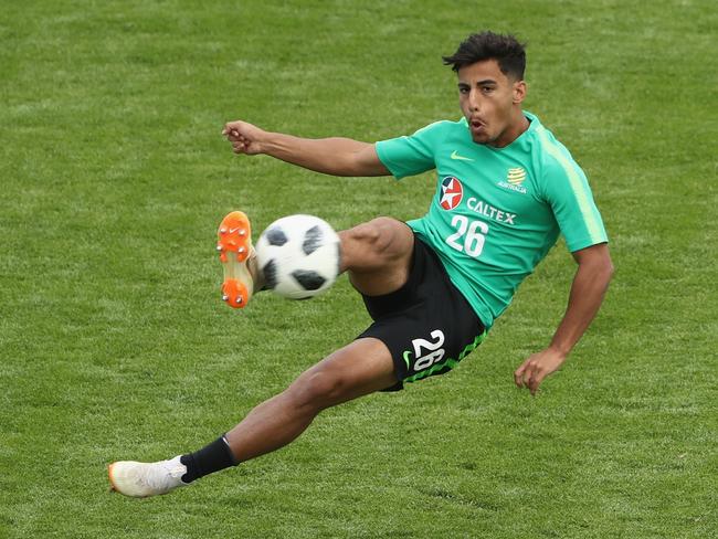 KAZAN, RUSSIA - JUNE 12:  Daniel Arzani of Australia shoots on goal during an Australia Socceroos training session ahead of the FIFA World Cup 2018 at Stadium Trudovye Rezervy on June 12, 2018 in Kazan, Russia.  (Photo by Robert Cianflone/Getty Images)