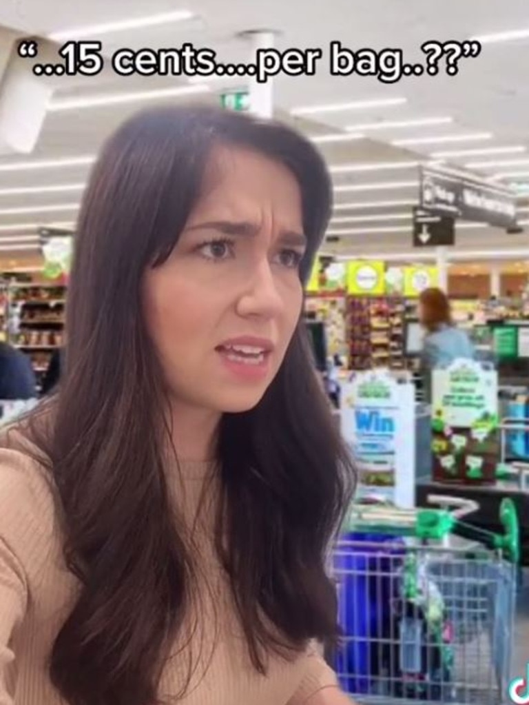 The woman was shocked when a supermarket worker asked if she wanted a bag... Picture: TikTok/@kayywuerf