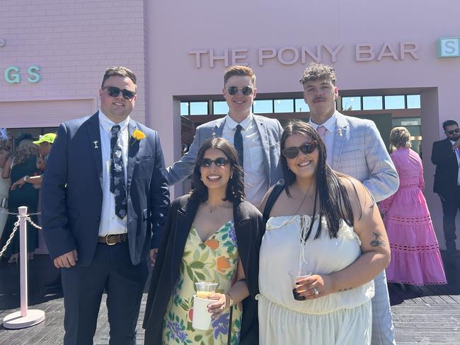 Jenna, Josh, Dave, Meika and Jed enjoying the Melbourne Cup. Picture: Oscar Jaeger