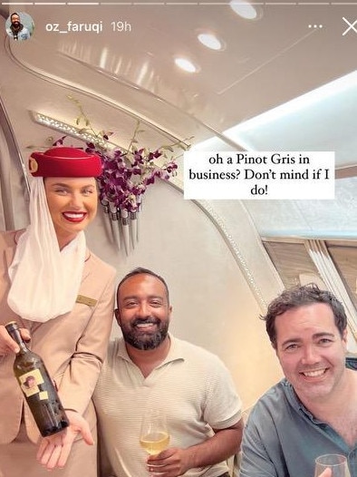 Culture editor for The Age and Sydney Morning Herald Osman Faruqi (middle) and the Age's deputy news director Angus Livingston (right) and at the Emirates lounge at the 2024 Australian Open with an airline employee. Source: Instagram