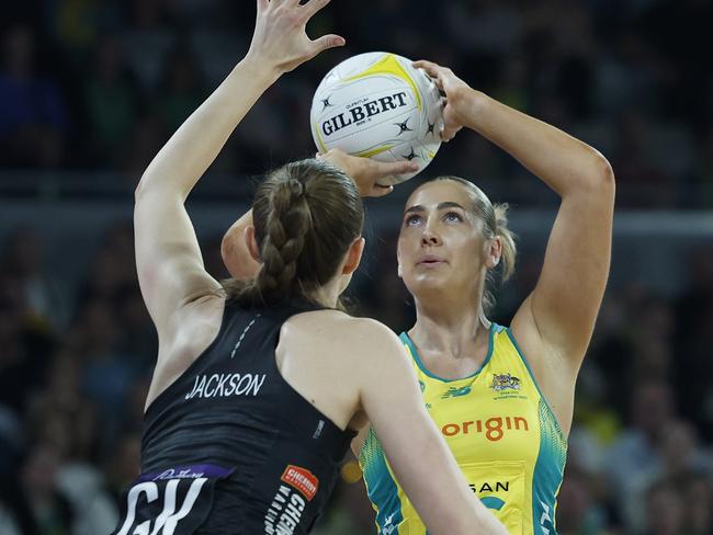 MELBOURNE, AUSTRALIA - OCTOBER 30: Sophie Garbin of Australia of Australia looks to shoot the ball during game four of the Constellation Cup match between Australia Diamonds and New Zealand Silver Ferns at John Cain Arena on October 30, 2024 in Melbourne, Australia. (Photo by Daniel Pockett/Getty Images)