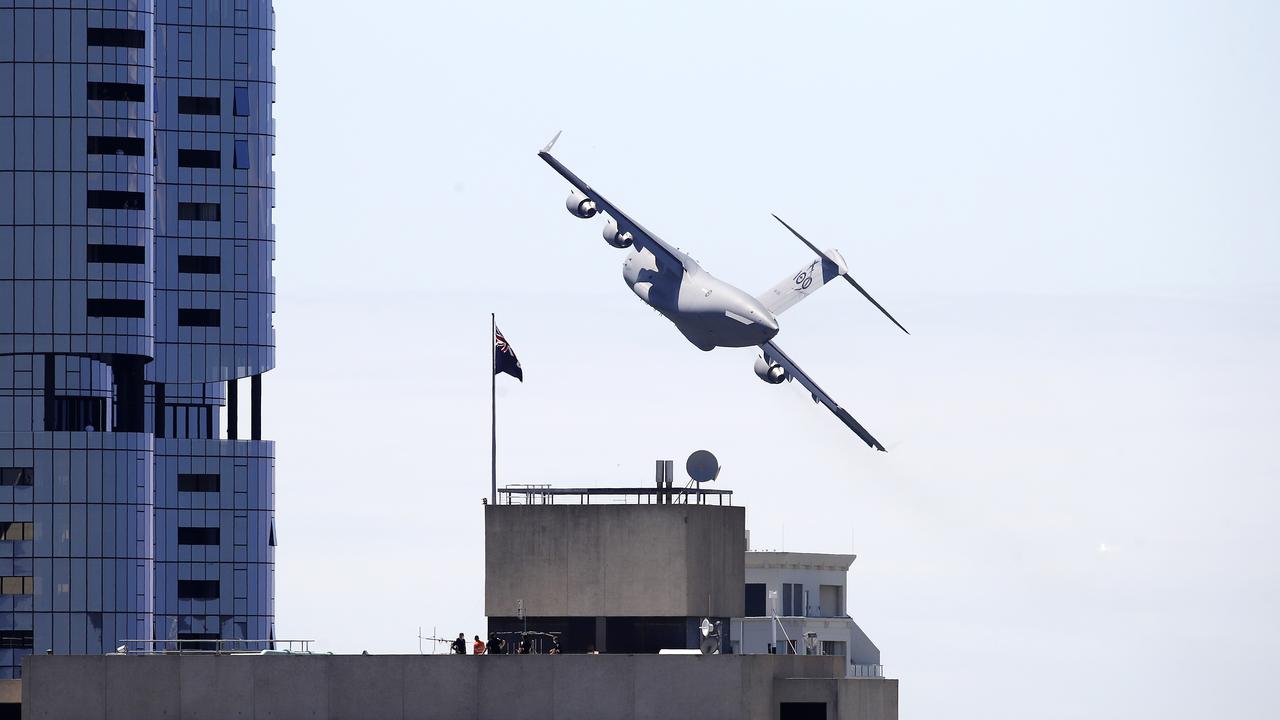 RAAF C-17 Globemaster pictured flying over Brisbane (from the Emporium Hotel) in preparation for its Riverfire Festival display this Saturday. Image/Josh Woning