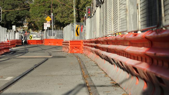 The tracks are in place but so too are the bollards — still. Picture: Richard Dobson