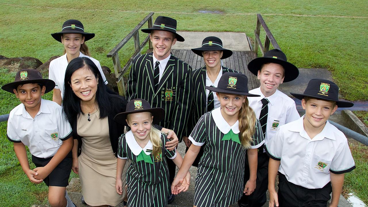 Trinity Lutheran College principal Tsae Wong with students. (FILE PHOTO) Shot taken before social distancing measures were put in place.