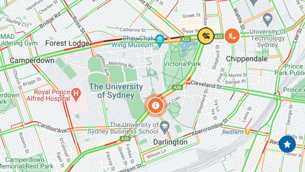 One of three southbound lanes has been closed on City Rd in Camperdown. Picture: Live Traffic NSW