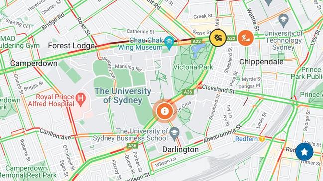 One of three southbound lanes has been closed on City Rd in Camperdown. Picture: Live Traffic NSW