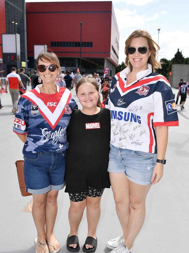 Natalie and Amelia Blythman with Dannette Taylor at Roosters V Dolphins, Suncorp Stadium. Picture: Patrick Woods.