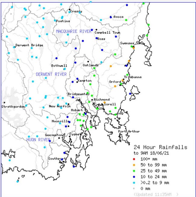 Parts of Tasmania were hit with more than 60mm of rain in 24 hours. Picture: BoM Tasmania