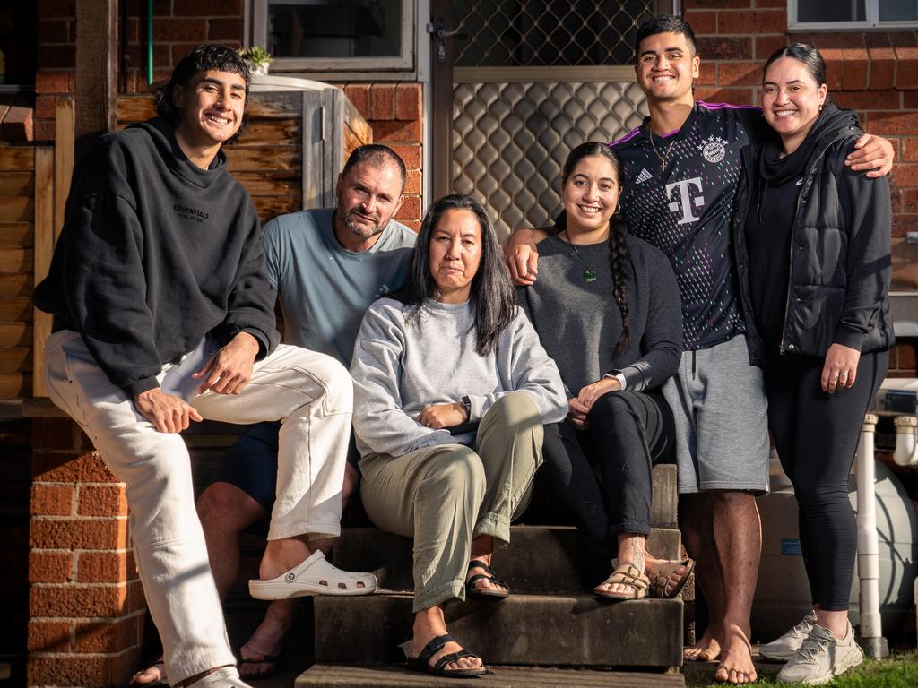 Panthers brothers Jesse and Casey McLean with their dad Willie, Mum Shannon and sisters Taya and Toni at their home in Quakers Hill. Photo: Tom Parrish