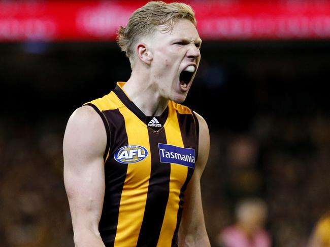 James Sicily celebrates a goal in the fourth quarter. Picture: George Salpigtidis