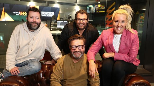 Triple M breakfast show hosts Chris Page, Gus Worland, Lawrence "Moonman" Mooney and Jess Eva in the studio in Sydney. Picture: John Feder