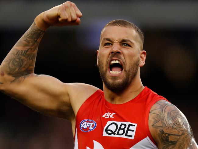 MELBOURNE, AUSTRALIA - AUGUST 12: Lance Franklin of the Swans celebrates a goal during the 2018 AFL round 21 match between the Melbourne Demons and the Sydney Swans at the Melbourne Cricket Ground on August 12, 2018 in Melbourne, Australia. (Photo by Michael Willson/AFL Media/Getty Images)