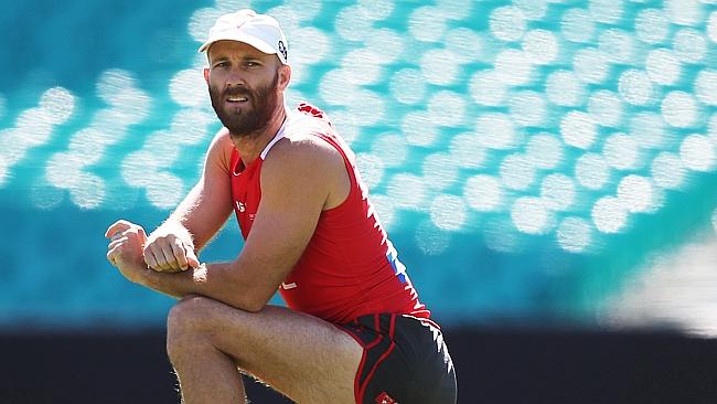 Jarrad McVeigh during warm up at the Sydney Swans closed training session at the SCG. Picture. Phil Hillyard